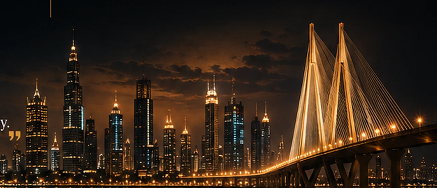 Premium investor meeting environment with Mumbai skyline and bridge