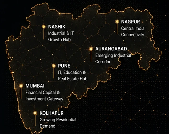 Maharashtra investor market map highlighting Mumbai, Pune, Nashik, Nagpur, Sambhajinagar and Kolhapur